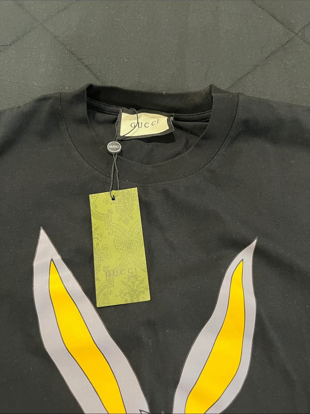 Gucci Black Tee with Yellow-Eared Bunny Graphic - Picture 2 of 3
